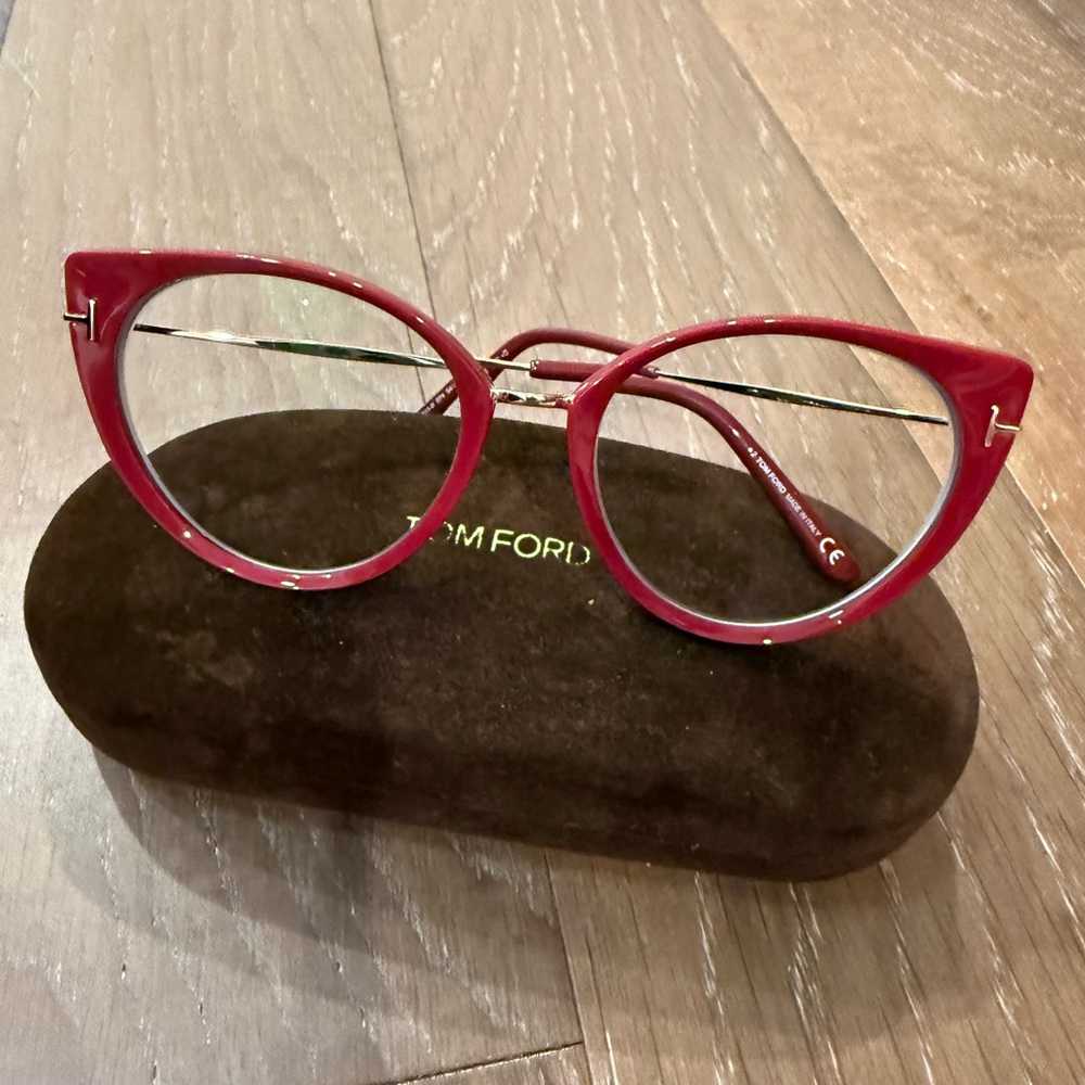 Tom Ford Red Cat-Eye Glasses with Gold Accents